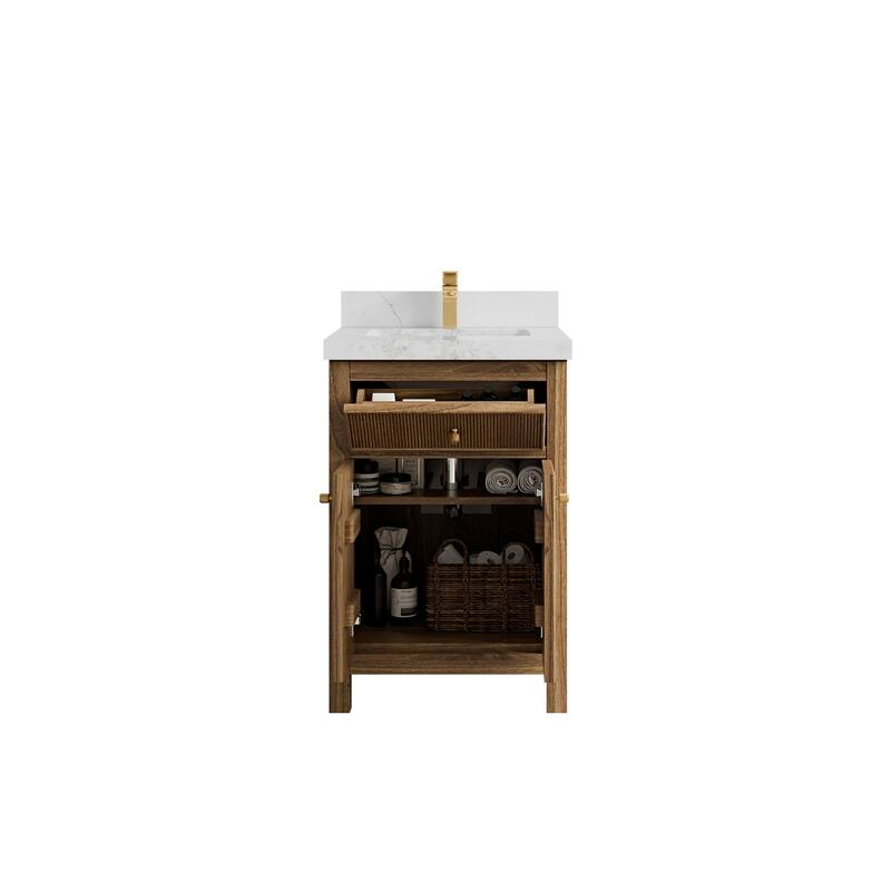 Willow Collections 24 x 22 Sonoma Teak Wood Single Bowl Sink Bathroom Vanity in Golden Teak with Countertop