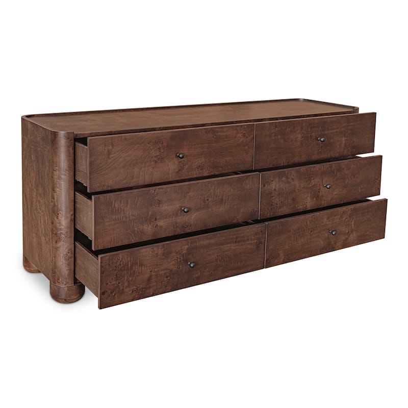 NADAAL STUDIOS Virel Dark Brown Burl Veneer and Solid Oak 6-Drawer Dresser with Lip Detail