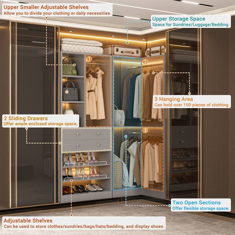 Set of 2/ 3 Coner Closet System with Shoe Racks and Drawers, Freestanding Closet Organizer with Hanging Rods and Shelves
