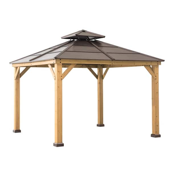 Sunjoy Cedar Framed Gazebo With Brown Steel 2 Tier Hip Roof Hardtop Overstock 30581604