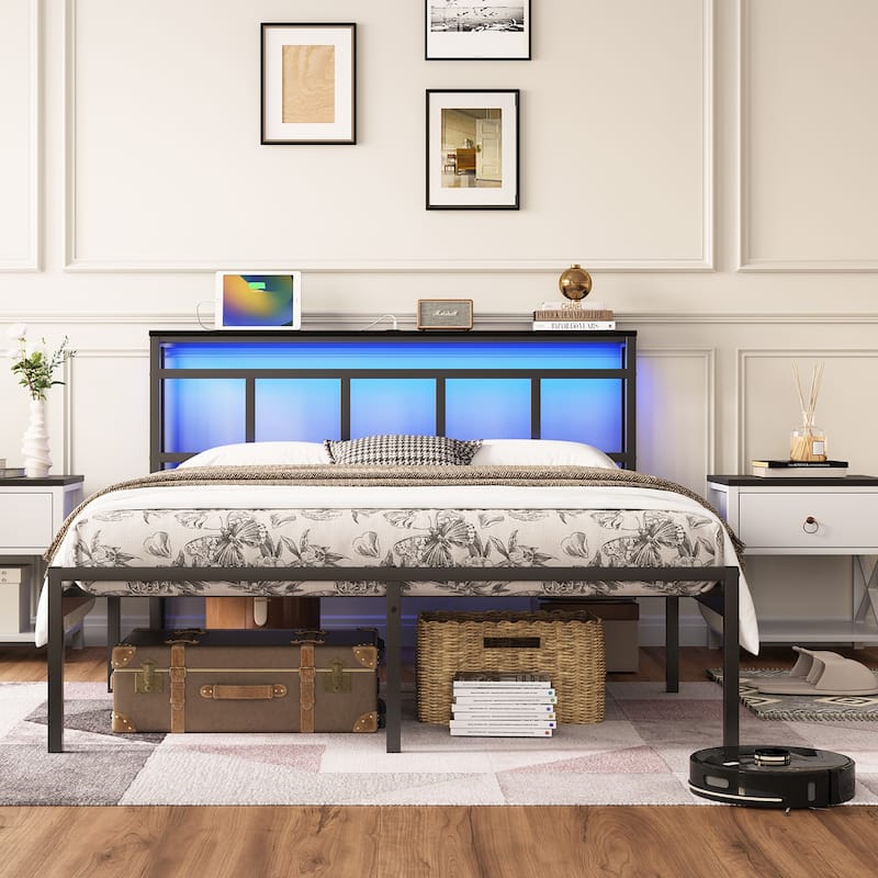 14 Inch Queen/Full/Twin Metal Platform Bed Frame with Storage Headboard, USB-C & LED Light - Black - Full