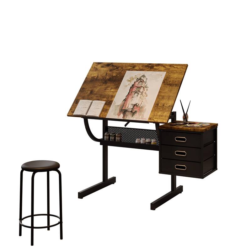 Black drafting drawing table with stool and 3 drawers