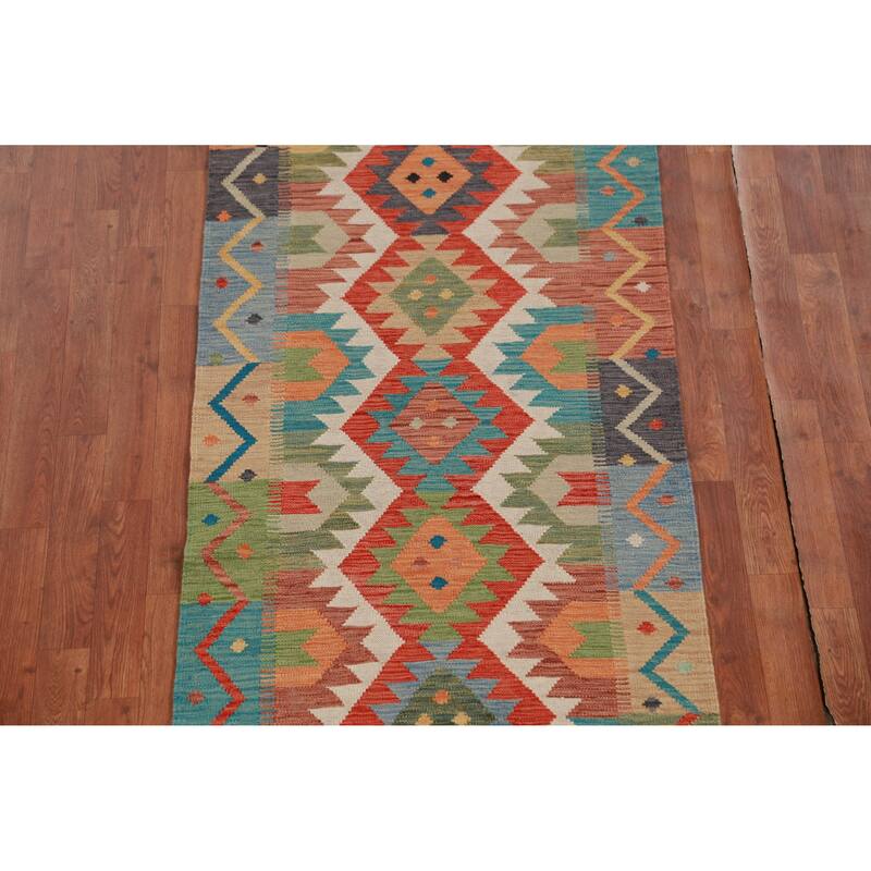 Hand Woven Oriental 100% Wool Carpet Southwestern Geometric Multi-Colored Kilim Runner Rug - 16' 2'' X 2' 10''