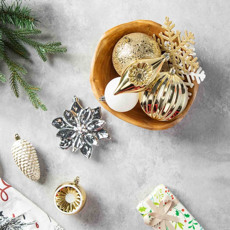 Glitzhome 191-Piece Glitter Ribbon Bow Gold Silver Ball Shatterproof Ornaments Xmas Tree Decor