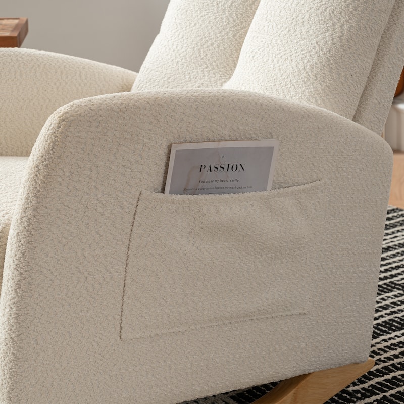 Comfortable Rocking Chair with Footrest and High Back, Made of Rubber Wood and Upholstered for a Cozy Sitting Experience.