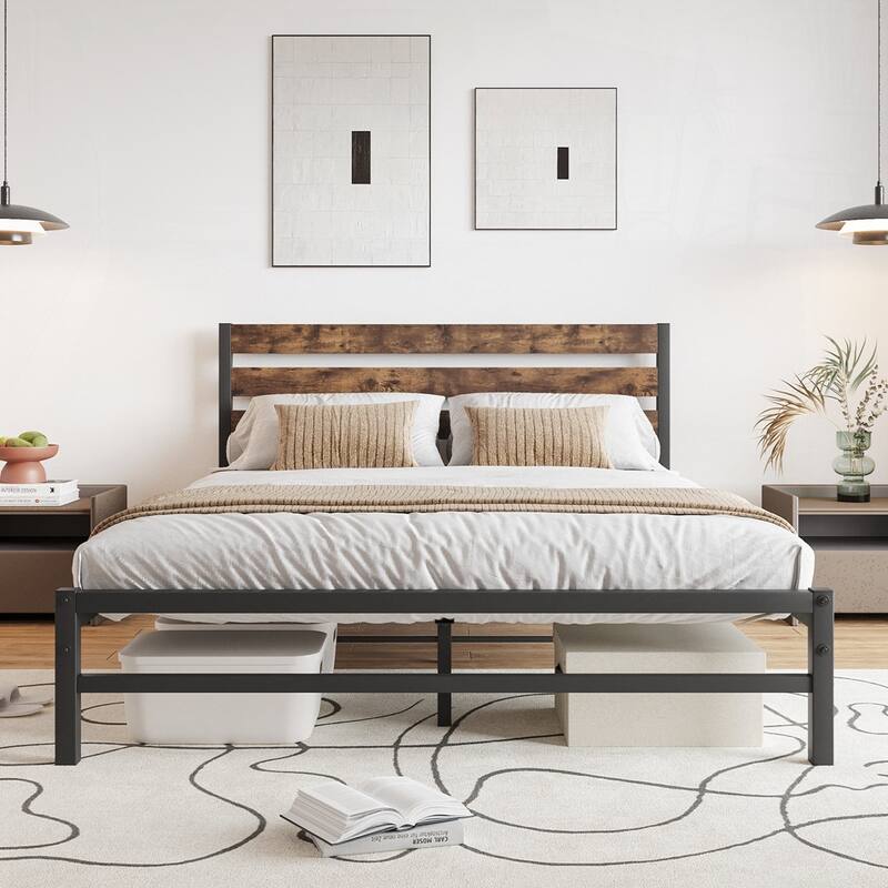 Platform Bed Frame with Wooden Headboard - Rustic Brown - Queen