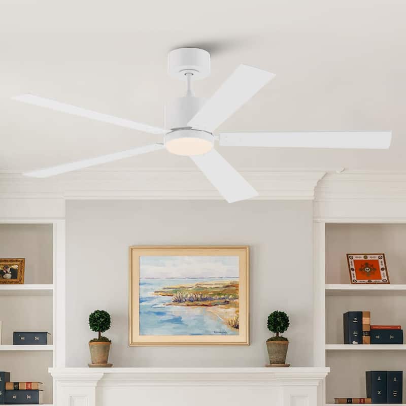 52" Modern Wooden 5-blade White Indoor Ceiling Fan with Light and Remote