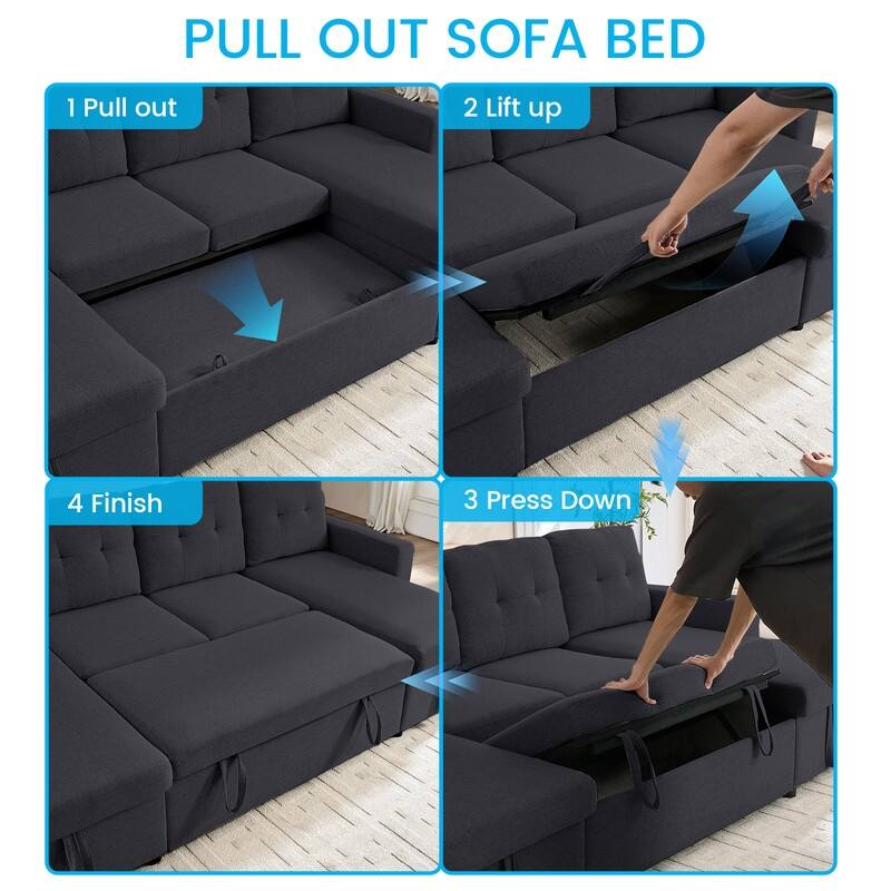 98"W 4-Seater Modular Sleeper Sofa Bed with Storage Chaise,U-shaped Sofa with Pull-out Bed