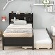 preview thumbnail 3 of 7, Espresso Twin Size Pine Wood Platform Bed with Storage Headboard, Twin Trundle, and 3 Drawers