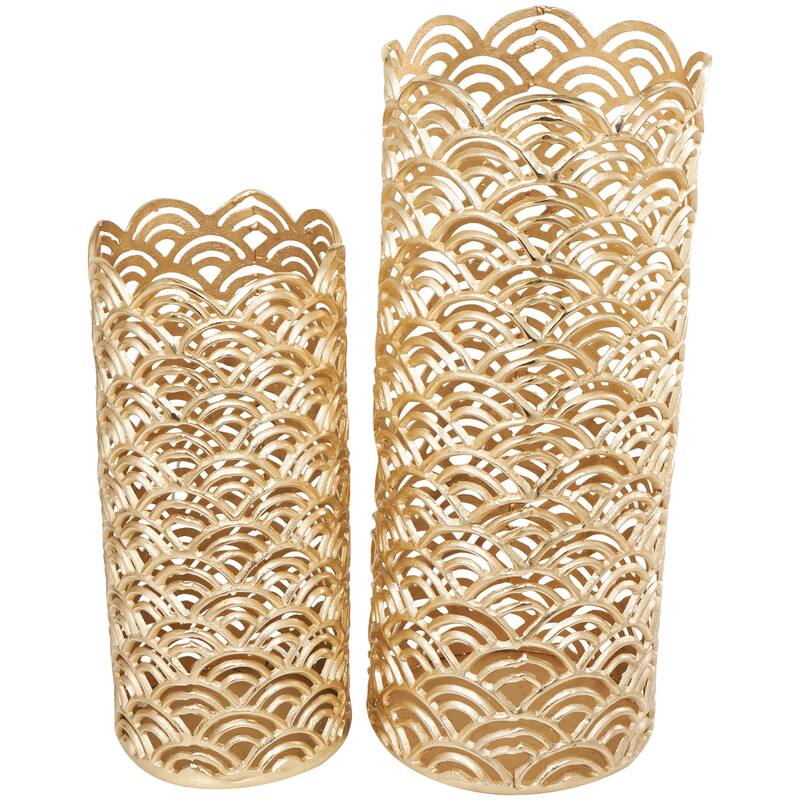 Silver or Gold Aluminum Metal Art Deco Inspired Geometric Vase with Arch Designs (Set of 2)