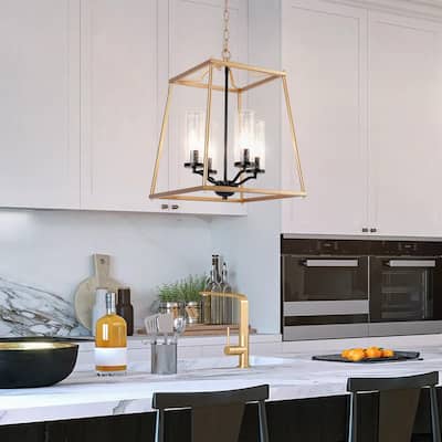 Mid-Century Modern 4-Light Black Gold Geometric Chandelier Glass Pendant Lights for Dining Room