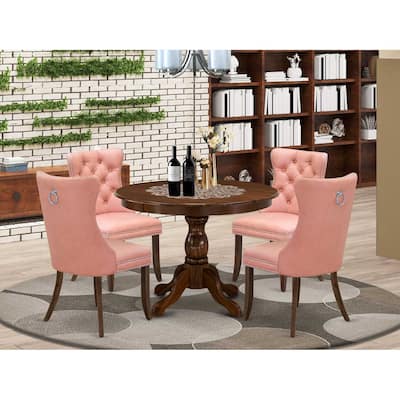 Modern 5 Piece Dining Set - Round Wood Table & 4 Upholstered Chairs
