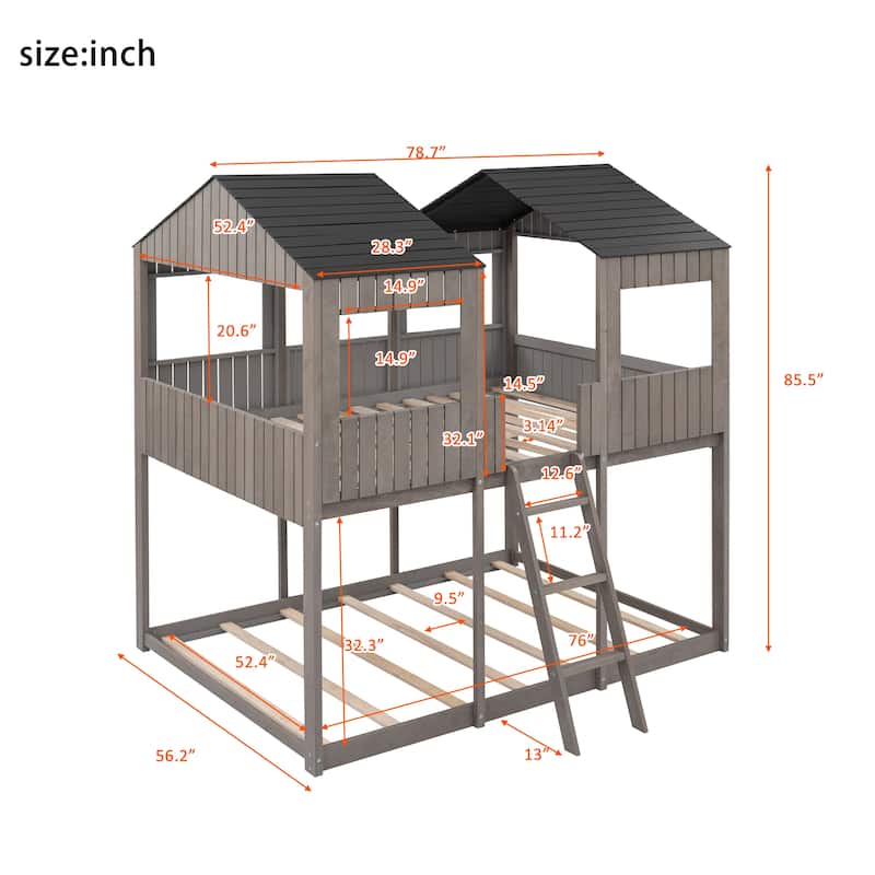 Full-Over-Full Wood Bunk Bed with Playhouse Design, Roof, and Safety Features