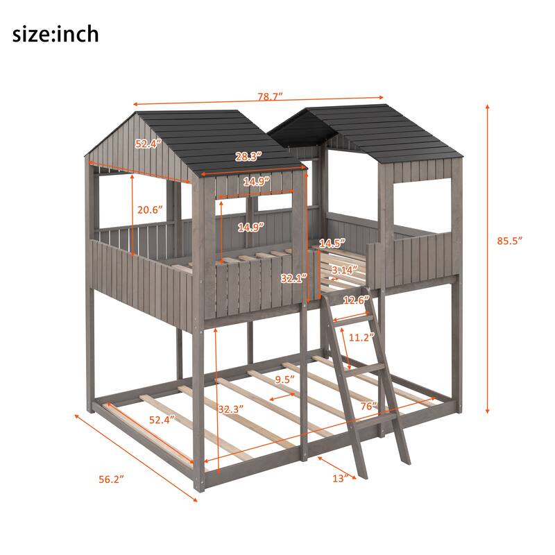 Full Over Full WoodBunk Bed with Roof, Window, Guardrail, Ladder
