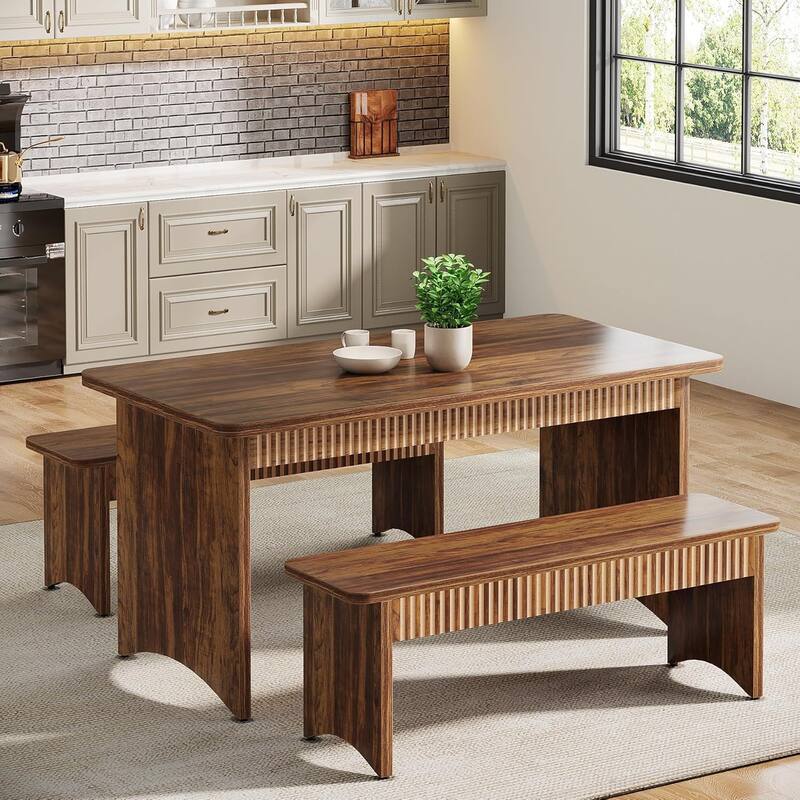 Dining Table Set, 55 Inches Dining Room Table with 2 Benches, Brown