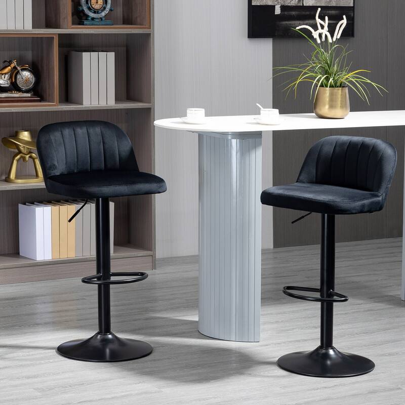 Adjustable Bar Stools Set of 2, Velvet Counter Height Barstool, Upholstered Dining Stool with Swivel Seat & Footrest - Black