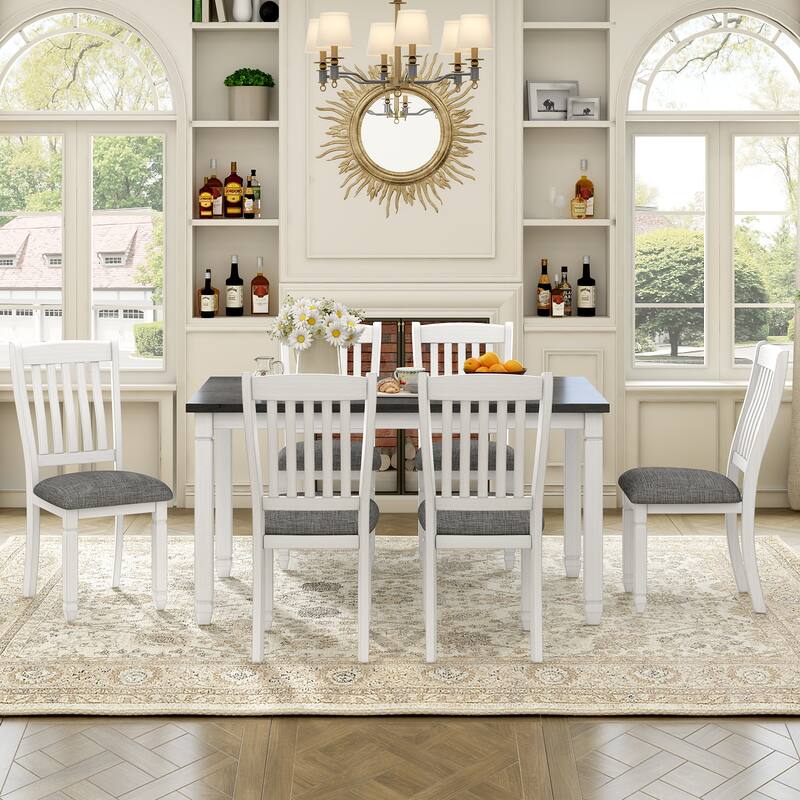 7 Piece Wood Dining Table Set with 6 Upholstered Chairs and Legs