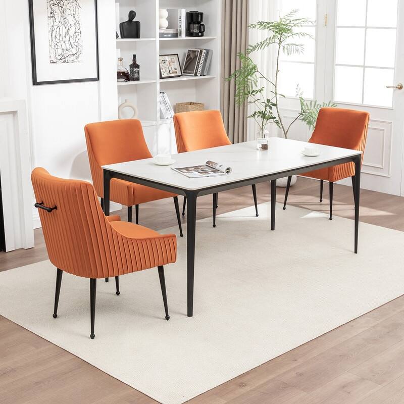 SEYNAR Modern Glam Velvet Black Metal Legs Dining Chair or Vanity Chair Set of 4 with Rear Handle
