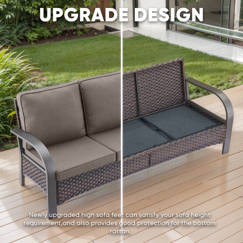 6 Pieces Patio Sofa with Fire Pit Table, Swivel Chair Ottoman