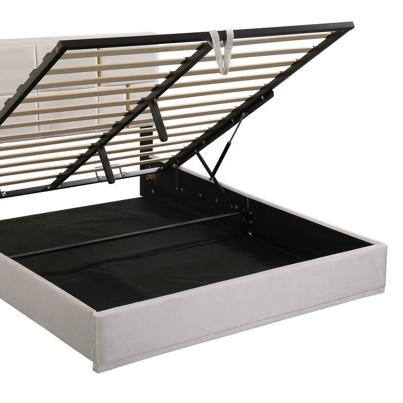 Queen Size Hydraulic Storage Platform Bed with Rectangular Pattern Headboard & Storage Underneath, Noise Free Bed Frame