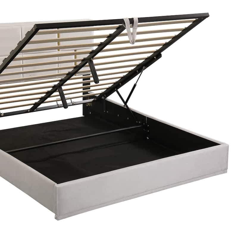 Queen Size PU Platform Bed with Gold-Trim Headboard And Hydraulic Storage, 500lb Capacity