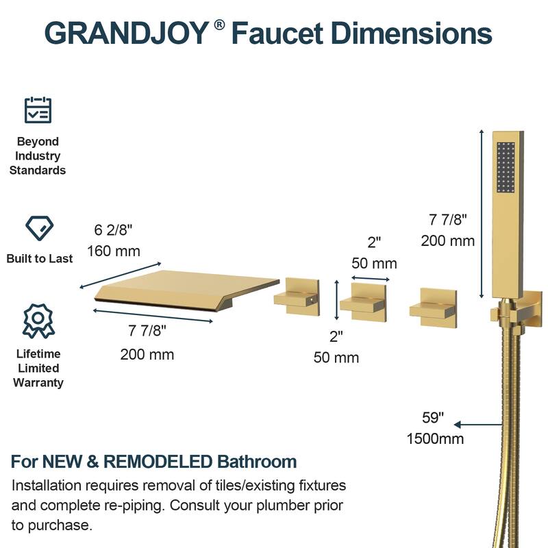 GRANDJOY Wall Mounted 3-Handle Tub Shower Faucet with Handheld Shower and Waterfall Tub Spout