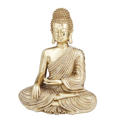 Polystone Buddha Meditating Decorative Sculpture with Engraved Carvings and Relief Detailing - Gold - Roche River Decor