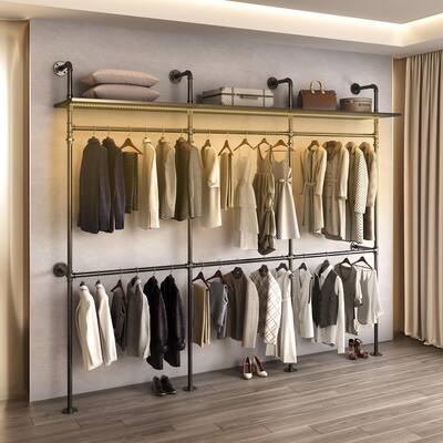 Industrial Pipe Clothes Rack Reversible Clothing Rack with LED Lights & Shelves