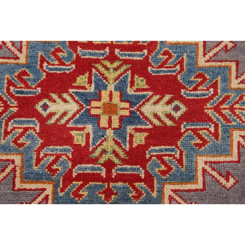 Grey Geometric Kazak Area Rug Handmade Oriental Wool Carpet - 4'1" x 6'2"