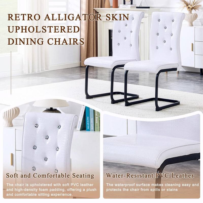 Set of 2 Retro Alligator Skin Upholstered Dining Chairs with Crystal Buckle Design & Faux Leather