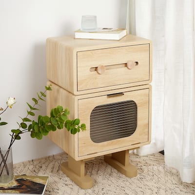 Roomfitters Rotatable Robot Side Table with Adjustable Drawer and Slatted Glass Door, Asymmetrical Design, Natural Oak
