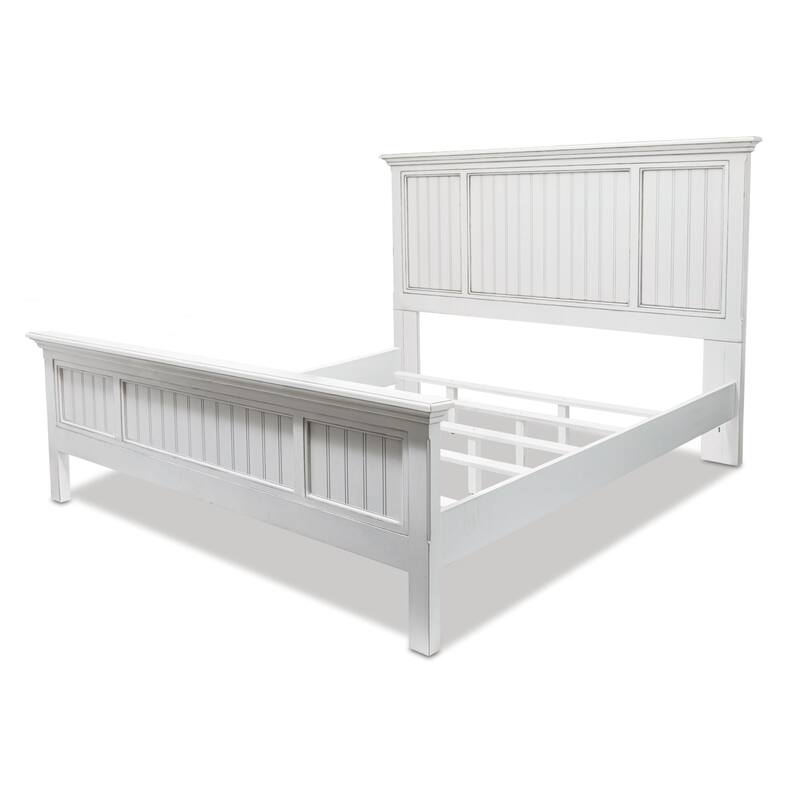 HomeRoots White Carved Geometric Distressed Solid Wood Queen Bed Frame