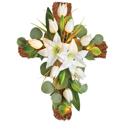 LED Lighted White Lily Wall Cross Decoration - MEDIUM