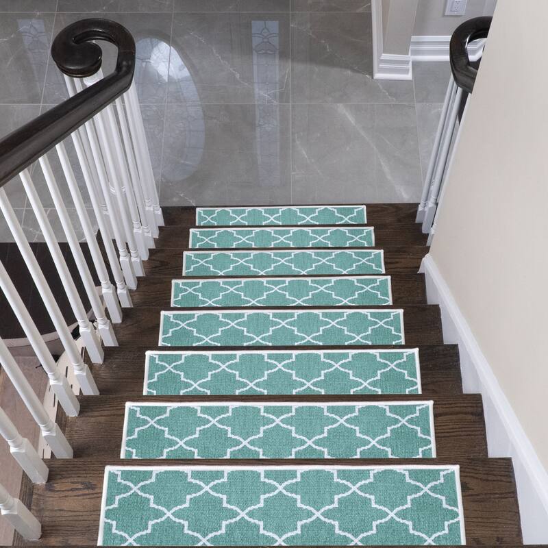SussexHome Lattice Design 9" X 28" Stair Treads - 70 % Cotton Carpet for Indoor Stairs-Easy to Install with Double Adhesive Tape - Pack of 7 - Teal
