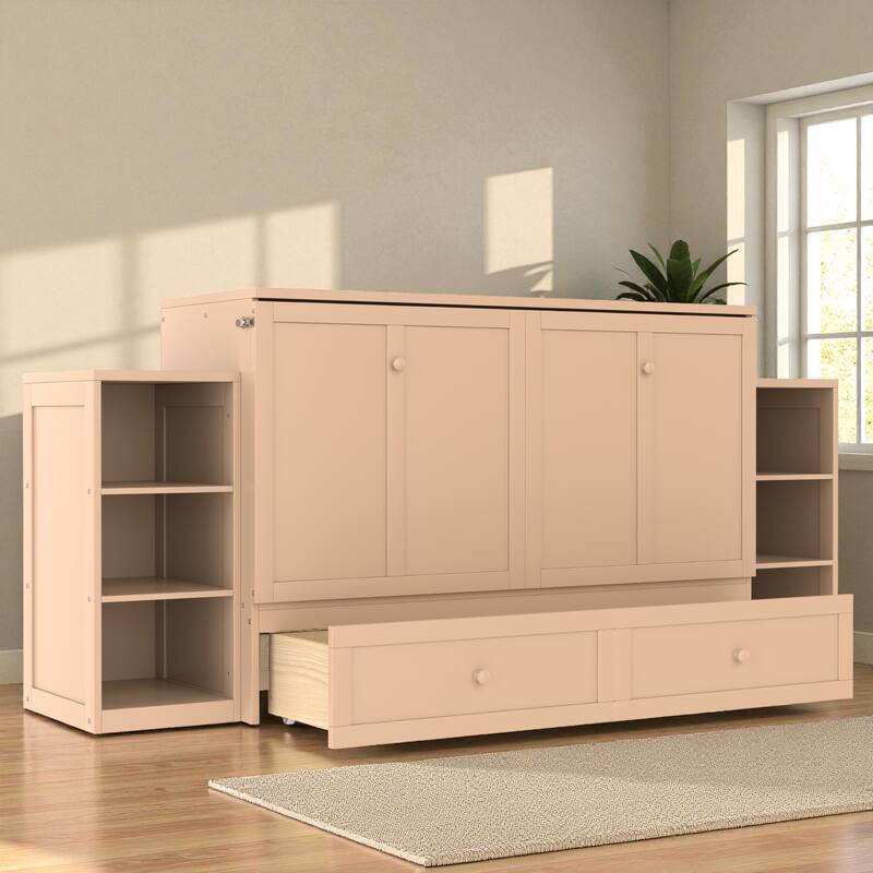 Full/Queen Size Murphy Bed with Storage Drawers and Shelves, Space-Saving Foldable Wall Bed for Guest Room - Golden - Queen
