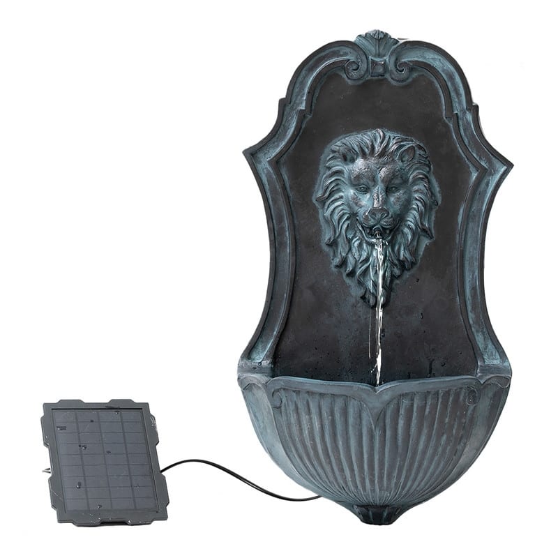 XBrand 30" Solar-Powered Wall-Mounted Lion Head Fountain, Resin, Outdoor, Gray