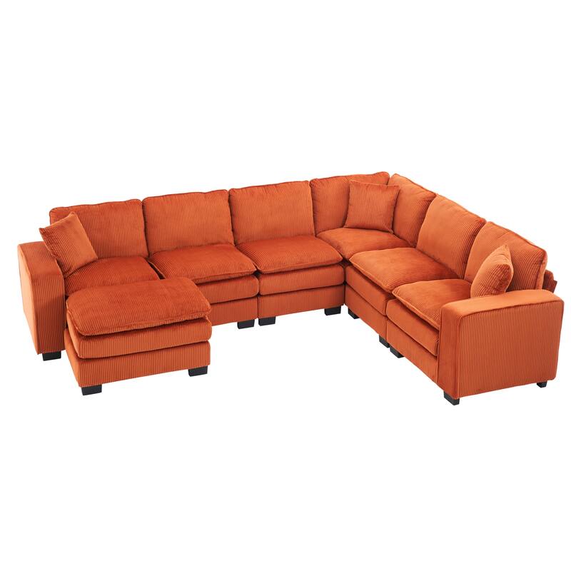 Corduroy Upholstered U-shaped Chaise Sectional Sofa Modular Sleeper Sofa Bed Deep Seat Couch with Ottoman and Pillows