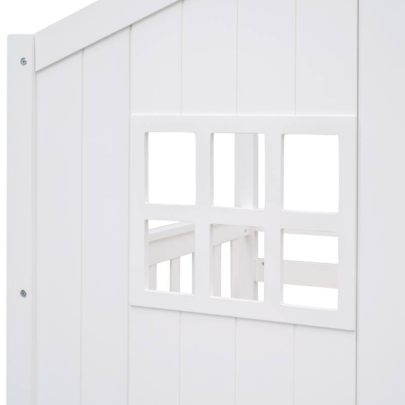 Full Size Loft Bed with Playhouse Design, Built-in Desk and Shelves