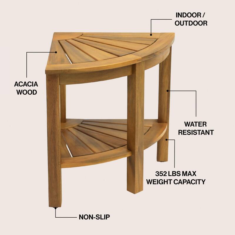 Maris 18" Solid Acacia Wood Indoor/Outdoor Corner Shower Bench with Shelf, By JONATHAN Y - 15.94L x 15.94W x 18.11H