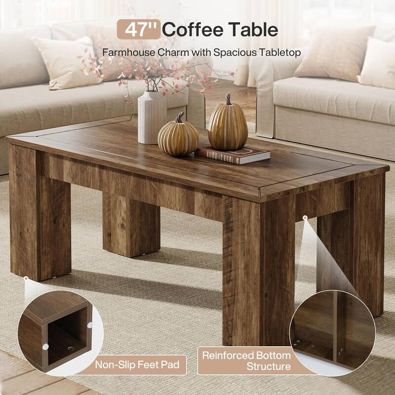 47-Inch Rectangle Engineered Wood Coffee Table with Sturdy Legs, Farmhouse Center Cocktail Table for Living Room