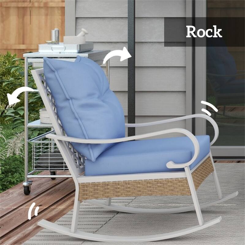 4-Piece Outdoor Patio Furniture Set PE Rattan Rocking Chairs Loveseat and Coffee Table with Cushions for Garden Balcony Deck