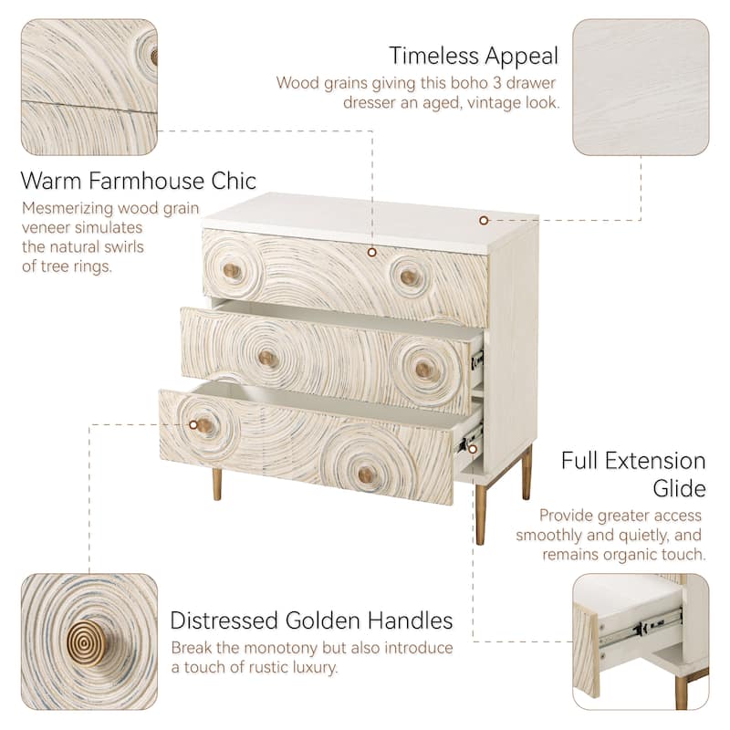 COZAYH Farmhouse Embossed 3 Drawer Dresser with Ring Motif, Distressed Boho Nightstand for Bedroom, Living Room, French Country