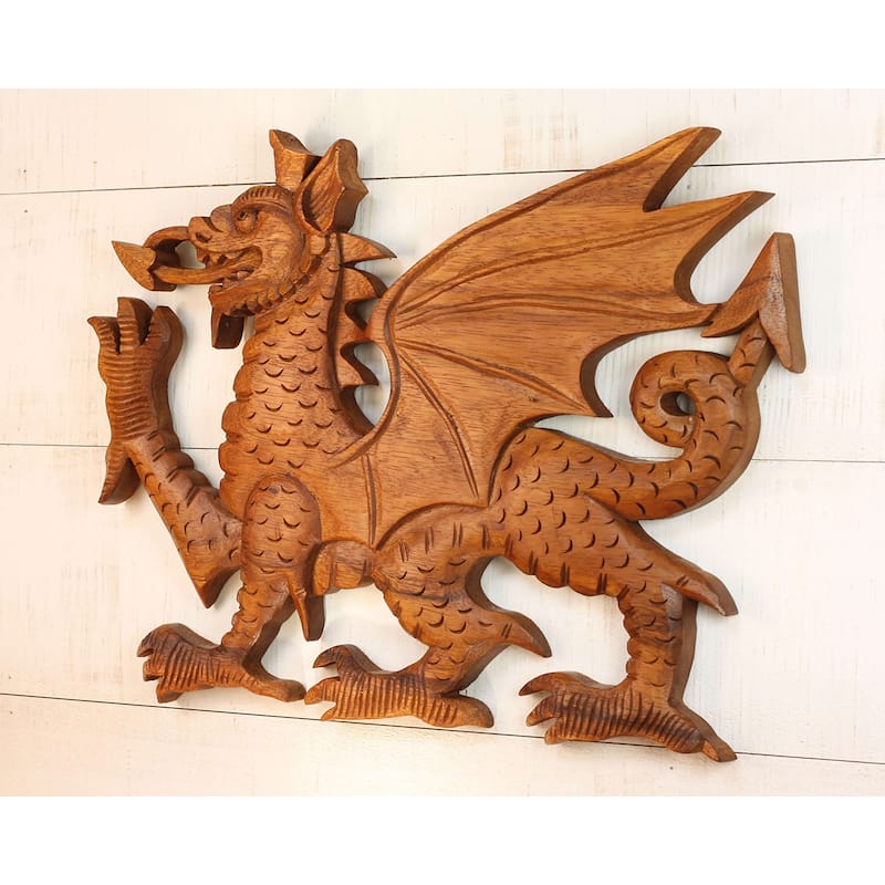 13" Wooden Dragon Wall Art - Hand Carved Mythical Figurine, Rustic Fantasy Wall Decor Sculpture