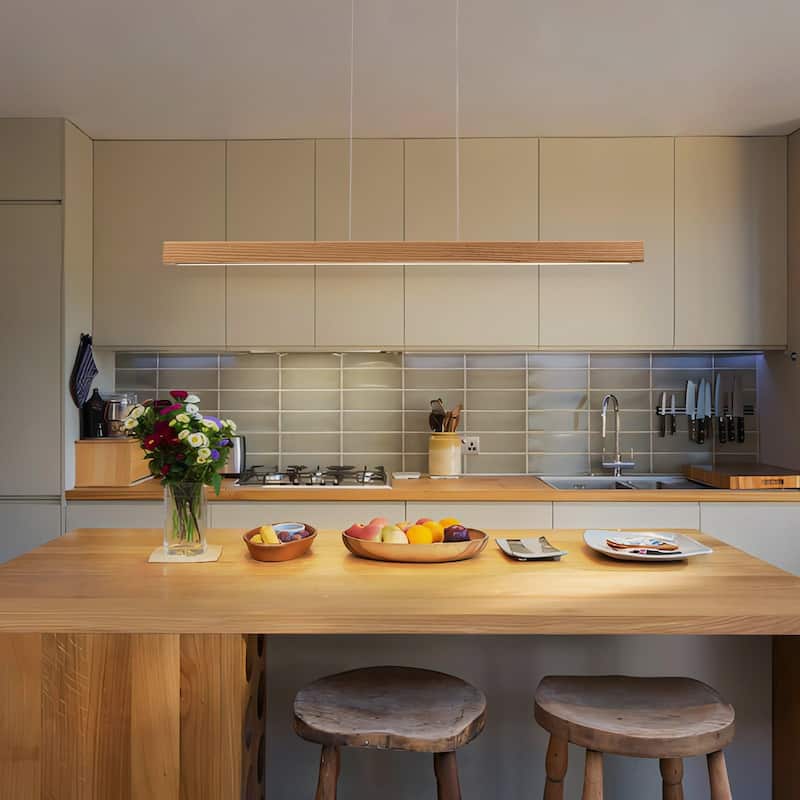 Starsky 1-Light Farmhouse Rustic Wooden Integrated LED Linear Kitchen Island Light 3000K Warm Light Chandelier