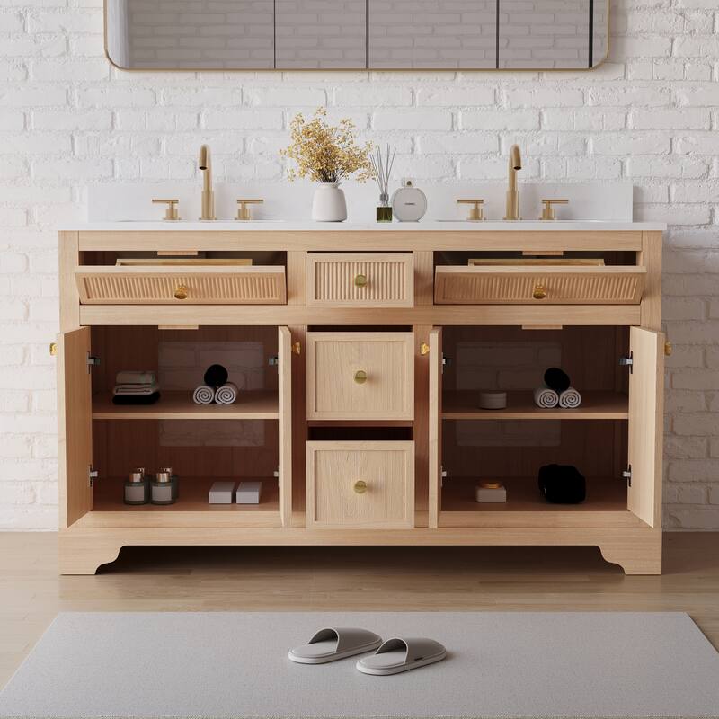 35''H Bath Solid Wood Vanity with Stain-resistant Carrera White Quartz Top And Single Sink
