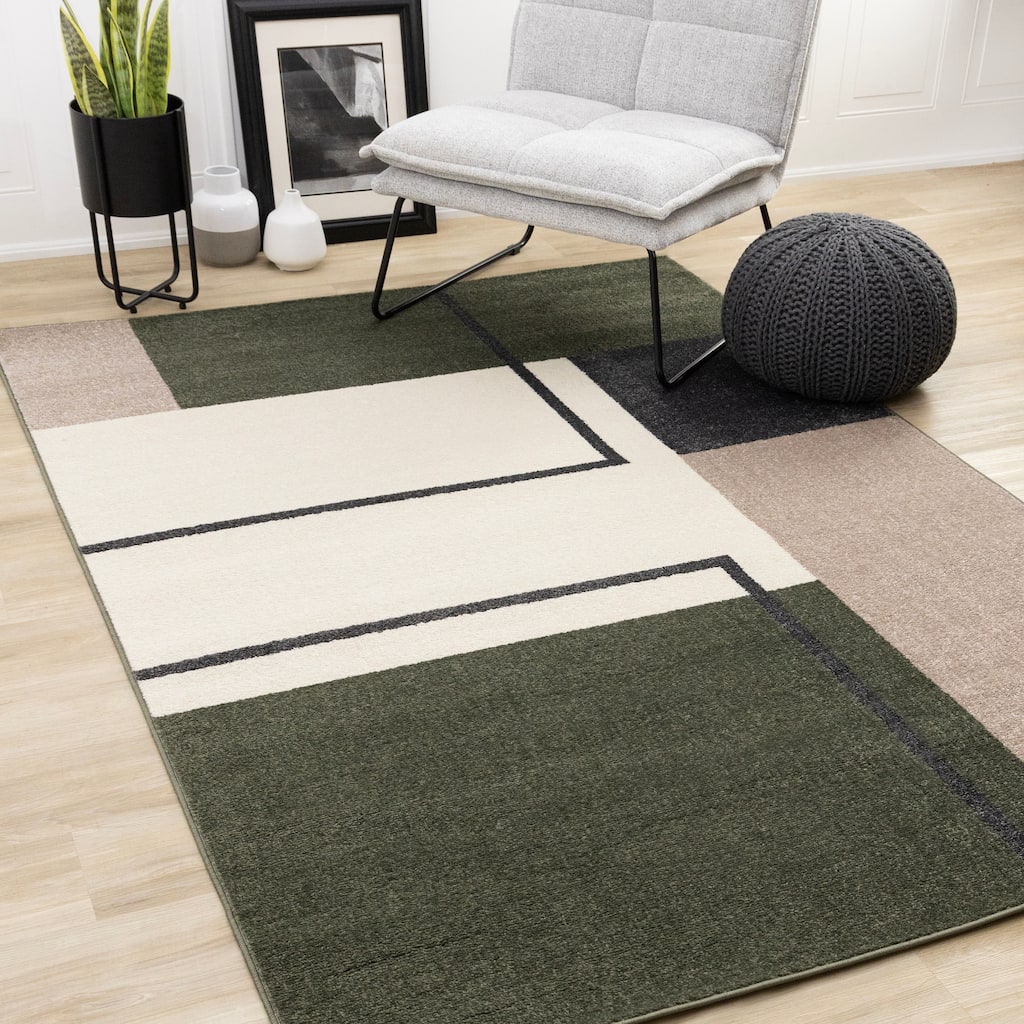 Marley Collection - Geometric Modern Green Grey White Area Rug