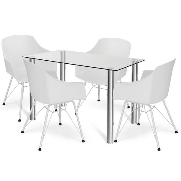 Gymax Dining Table Set Modern Glass Top Table And 4 Molded Shell Plastic Chairs White Bed