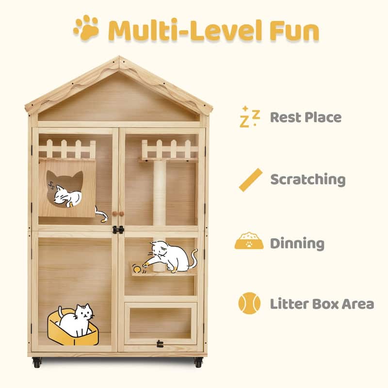 MCombo Wooden Cat House for Indoor Cats, Cat Villa with Cat Entrance, Cat Catio with Lockable Doors & Wheels CT291