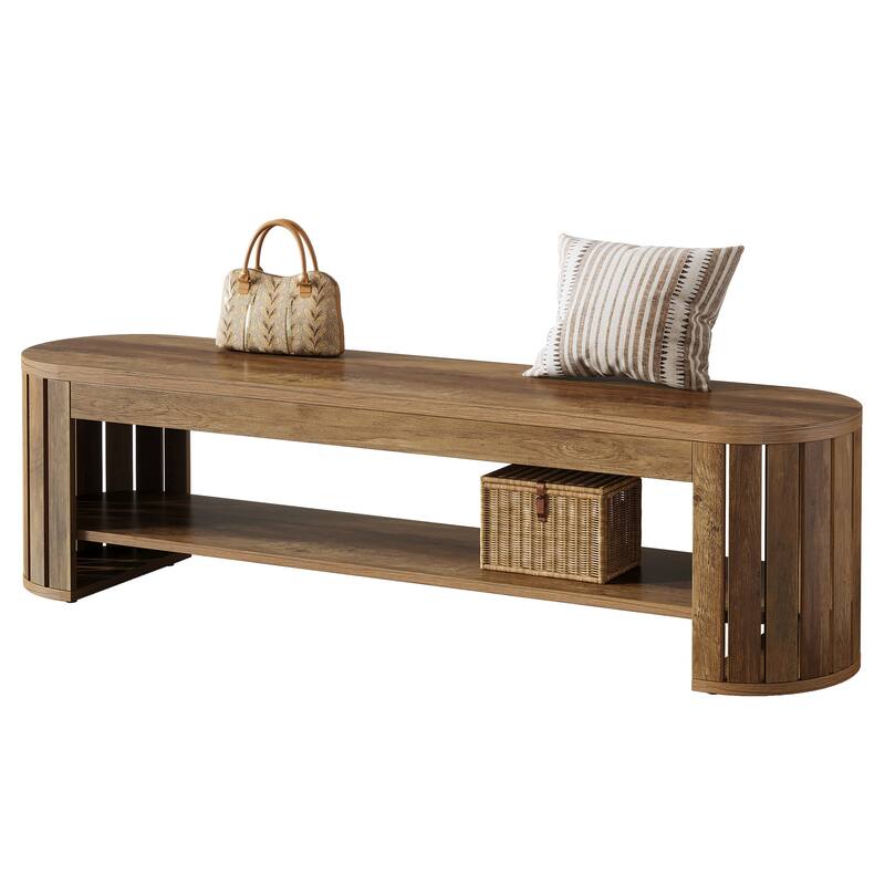 Wooden Entryway Bench, 63" 2-Tier Narrow Shoe Bench