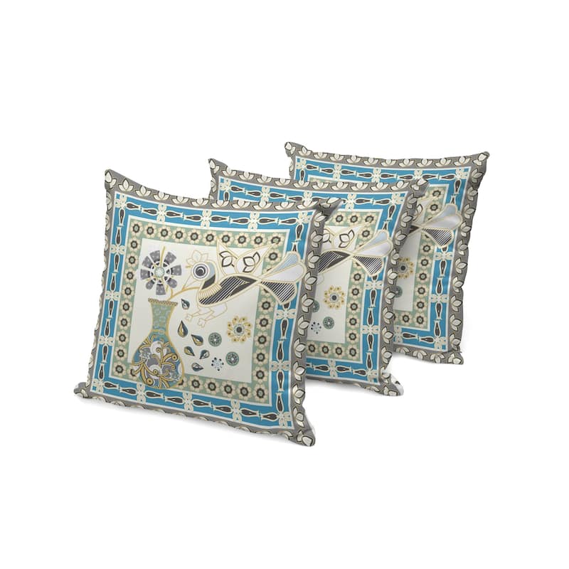 HomeRoots Set of Three 16" X 16" Green and Yellow Peacock Blown Seam Floral Indoor Outdoor Throw Pillow